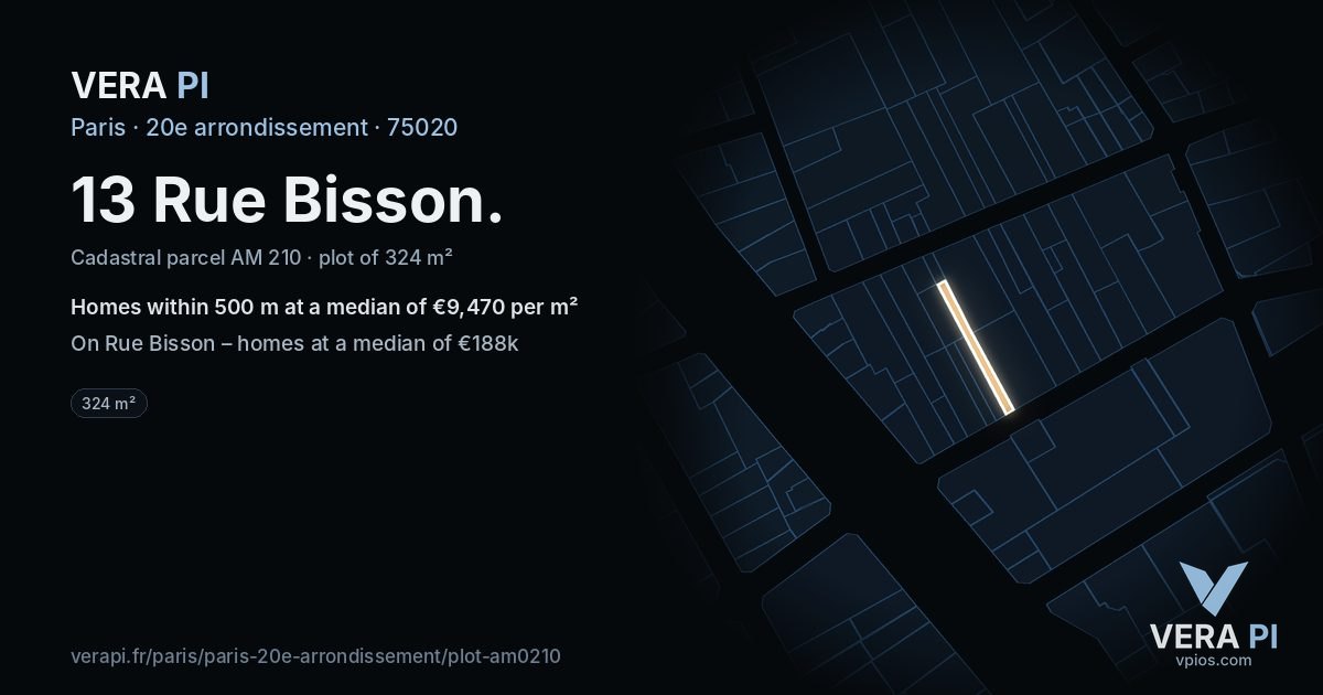 13 Rue Bisson, 20e arrondissement at night – the plot lit, the parcels around coloured by the prices near them