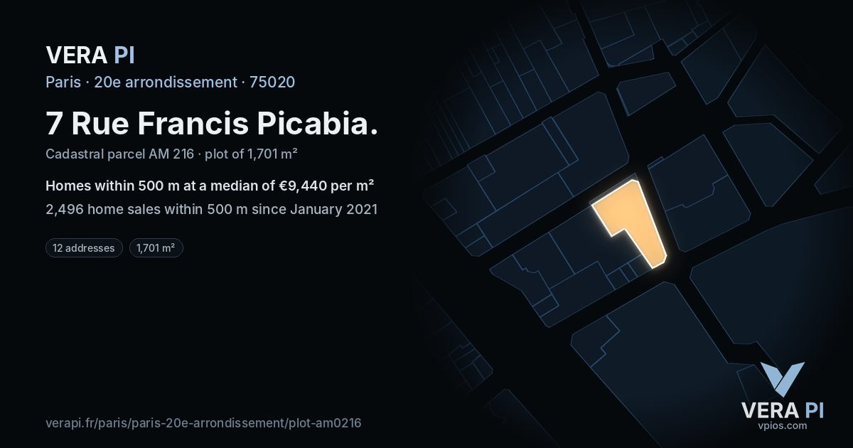 7 Rue Francis Picabia, 20e arrondissement at night – the plot lit, the parcels around coloured by the prices near them