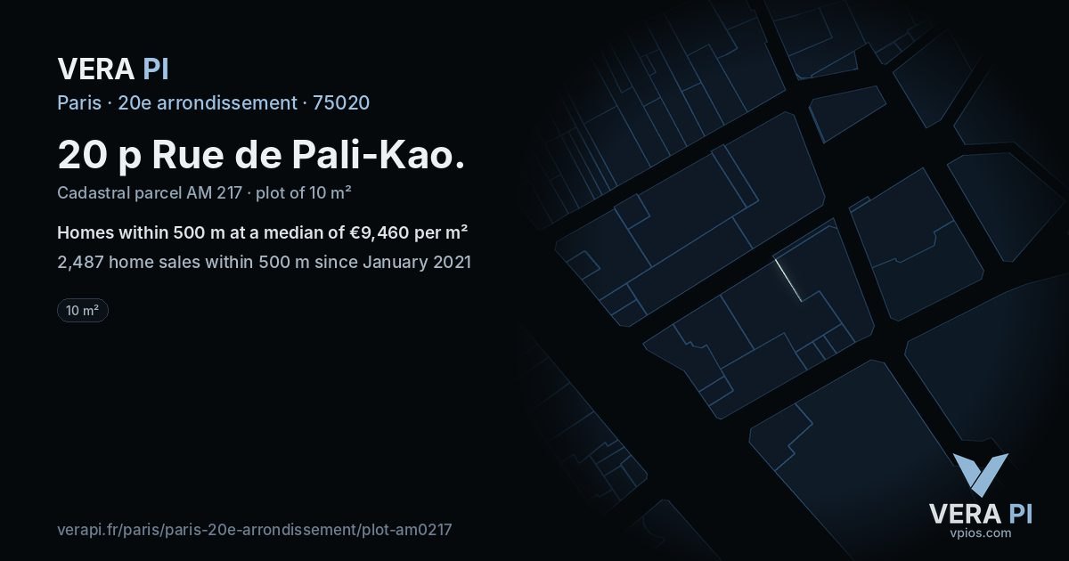 20 p Rue de Pali-Kao, 20e arrondissement at night – the plot lit, the parcels around coloured by the prices near them