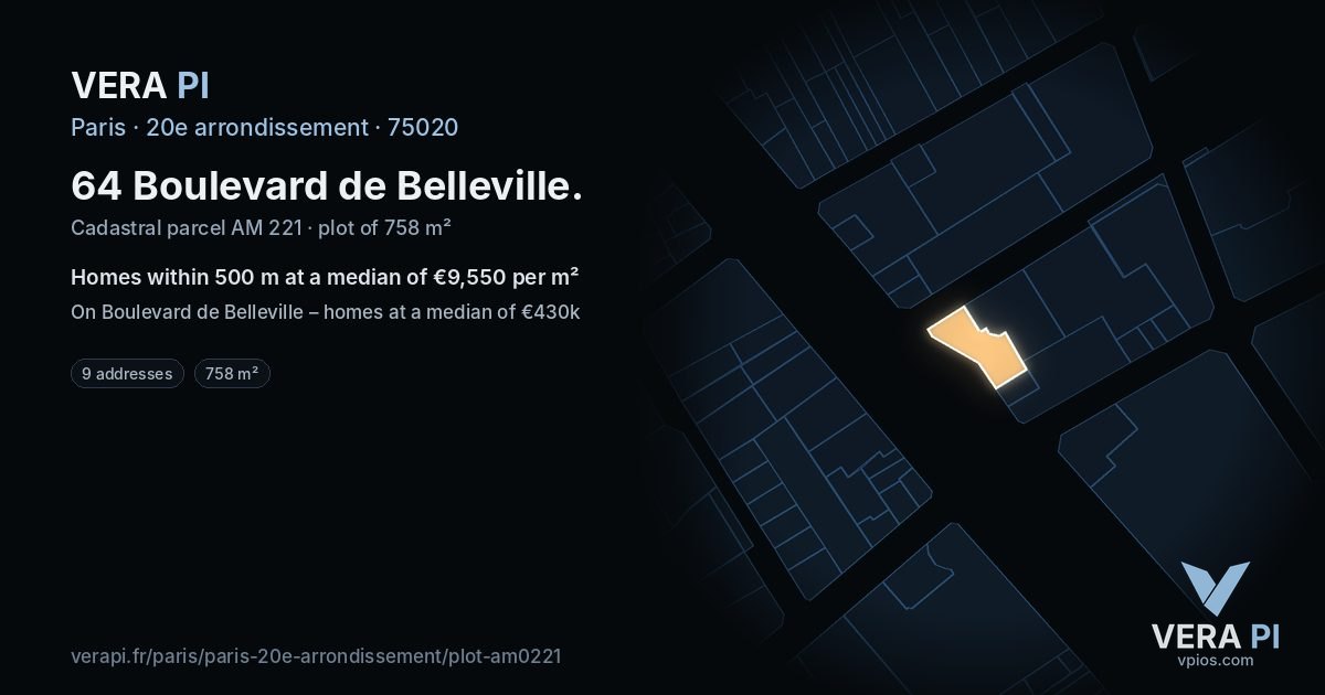 64 Boulevard de Belleville, 20e arrondissement at night – the plot lit, the parcels around coloured by the prices near them
