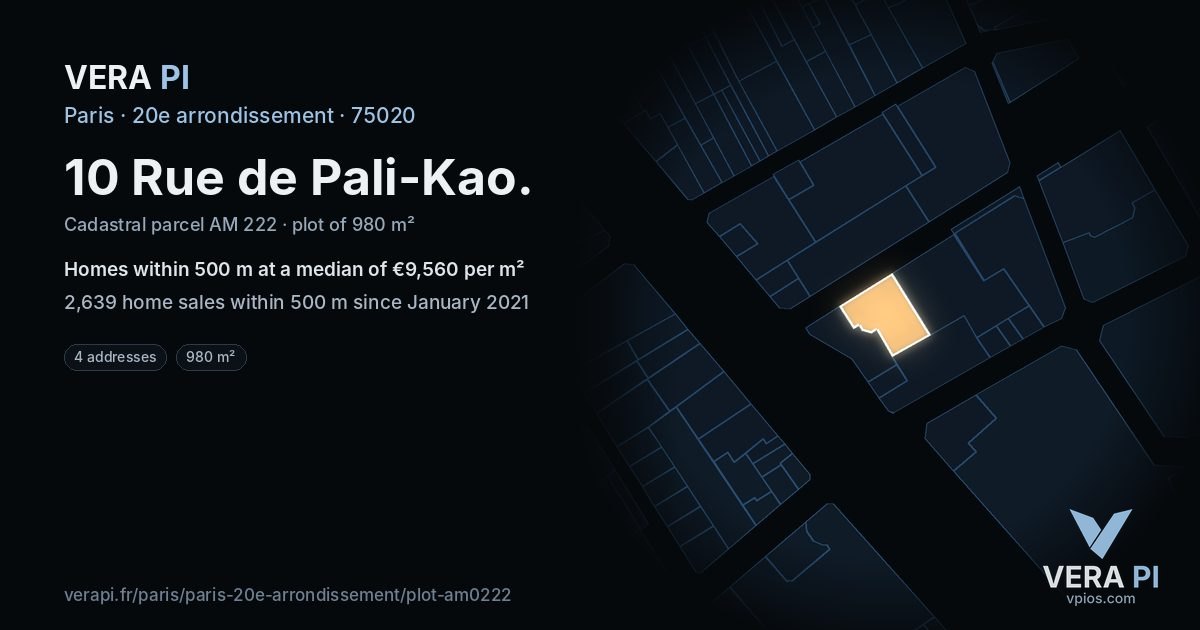 10 Rue de Pali-Kao, 20e arrondissement at night – the plot lit, the parcels around coloured by the prices near them