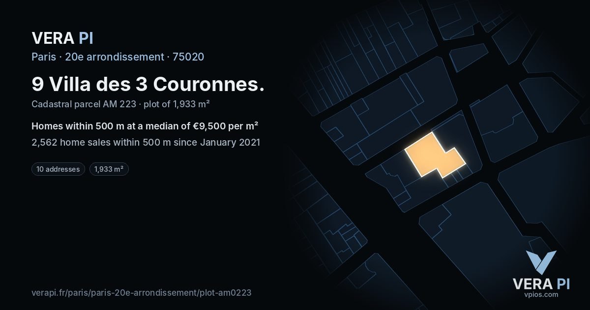 9 Villa des 3 Couronnes, 20e arrondissement at night – the plot lit, the parcels around coloured by the prices near them