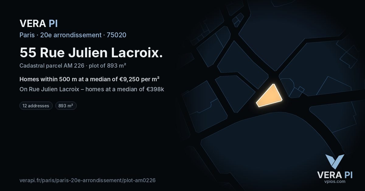 55 Rue Julien Lacroix, 20e arrondissement at night – the plot lit, the parcels around coloured by the prices near them