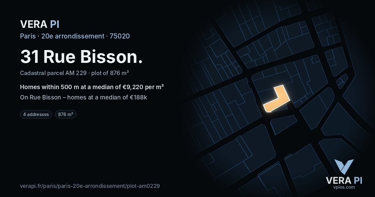 31 Rue Bisson, 20e arrondissement at night – the plot lit, the parcels around coloured by the prices near them
