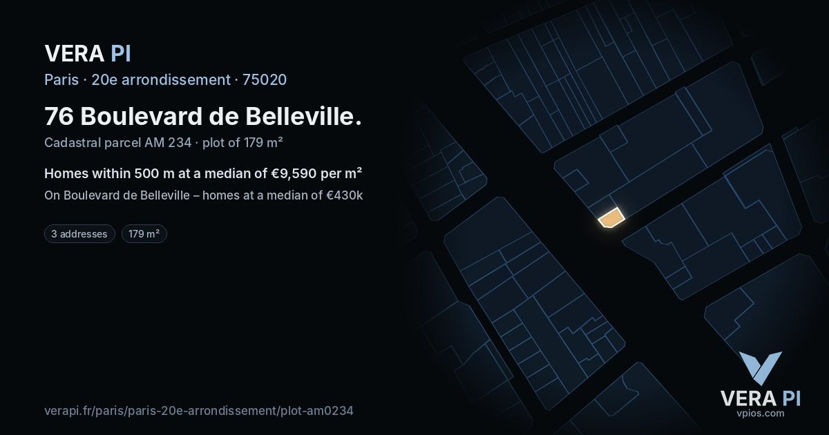 76 Boulevard de Belleville, 20e arrondissement at night – the plot lit, the parcels around coloured by the prices near them