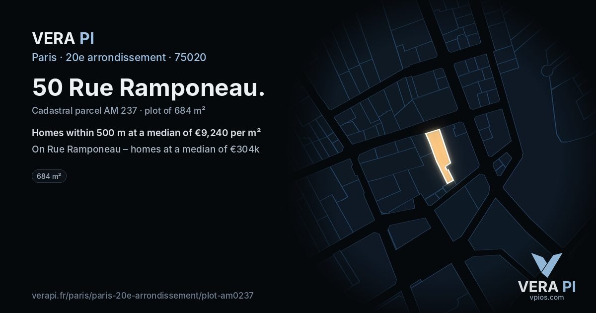 50 Rue Ramponeau, 20e arrondissement at night – the plot lit, the parcels around coloured by the prices near them