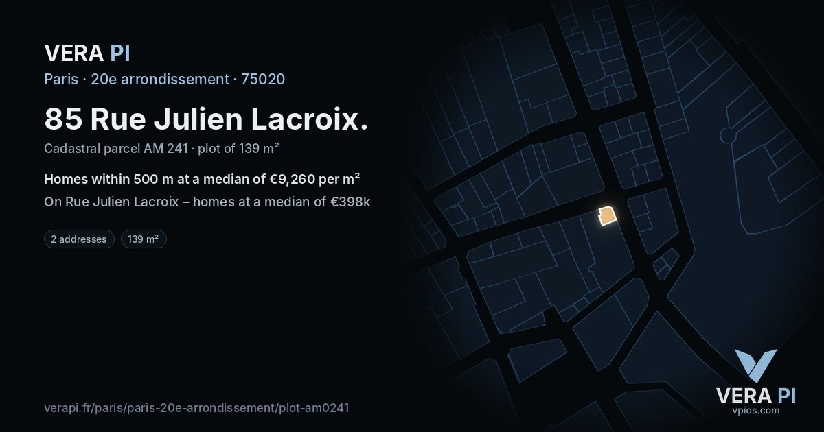 85 Rue Julien Lacroix, 20e arrondissement at night – the plot lit, the parcels around coloured by the prices near them