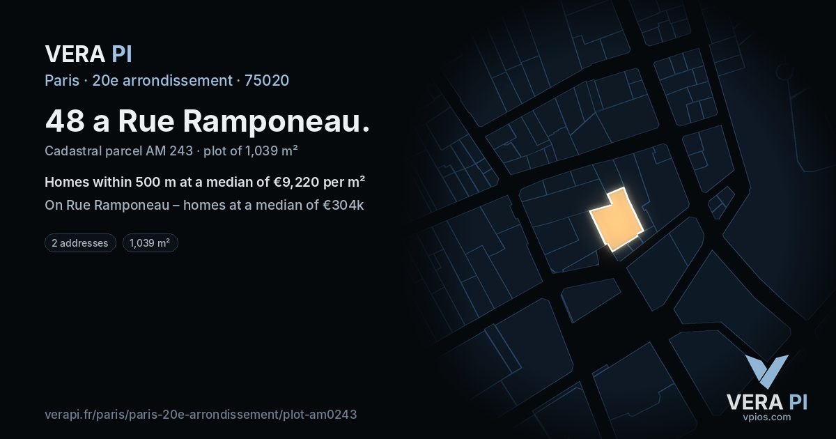 48 a Rue Ramponeau, 20e arrondissement at night – the plot lit, the parcels around coloured by the prices near them