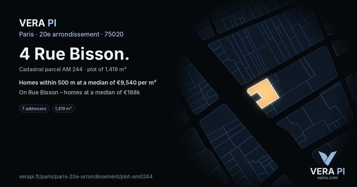 4 Rue Bisson, 20e arrondissement at night – the plot lit, the parcels around coloured by the prices near them