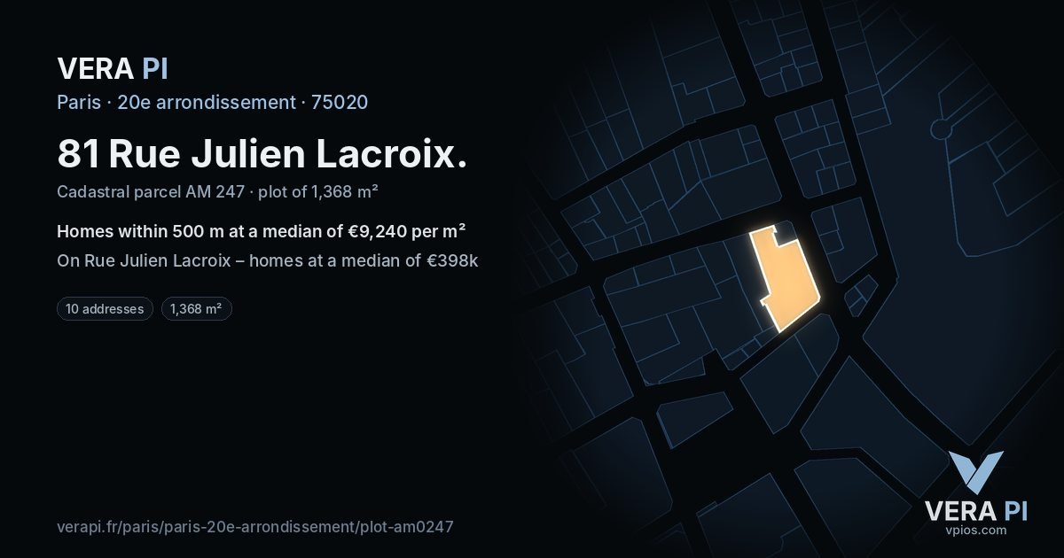 81 Rue Julien Lacroix, 20e arrondissement at night – the plot lit, the parcels around coloured by the prices near them