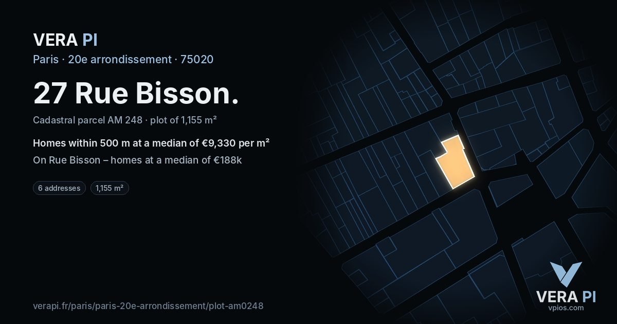 27 Rue Bisson, 20e arrondissement at night – the plot lit, the parcels around coloured by the prices near them