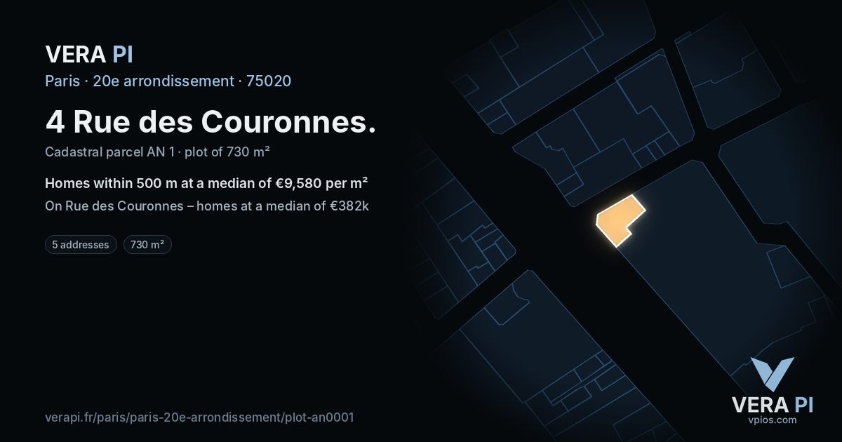 4 Rue des Couronnes, 20e arrondissement at night – the plot lit, the parcels around coloured by the prices near them