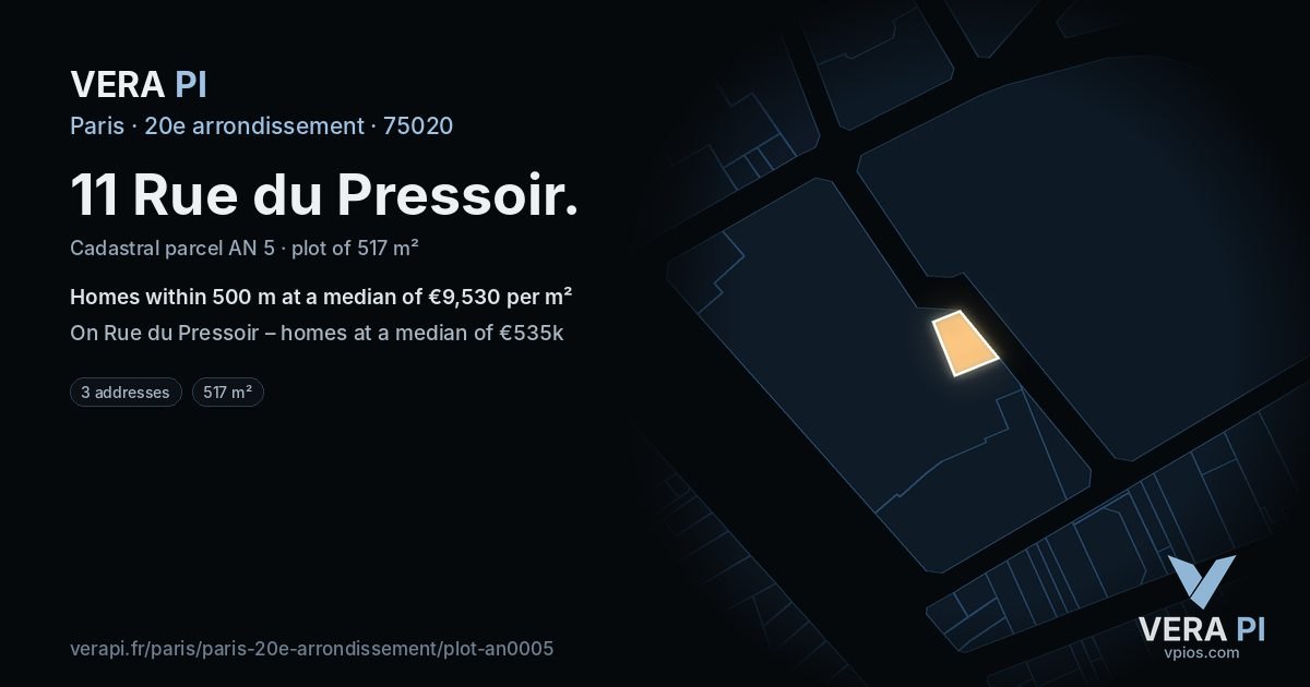 11 Rue du Pressoir, 20e arrondissement at night – the plot lit, the parcels around coloured by the prices near them