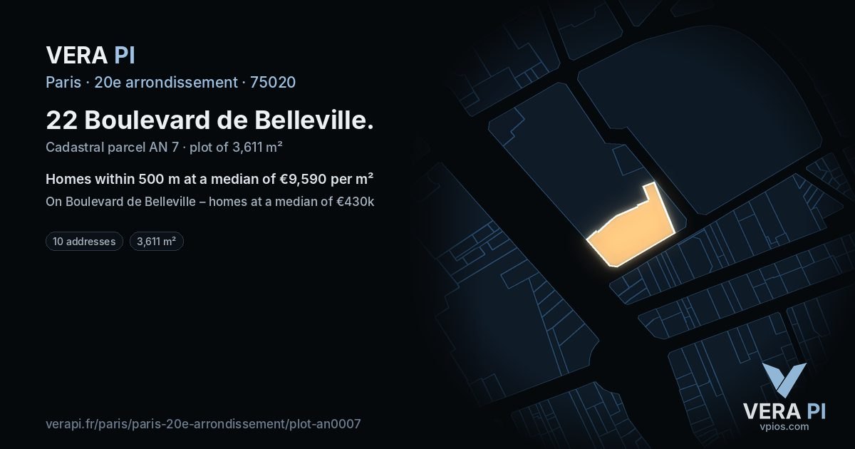 22 Boulevard de Belleville, 20e arrondissement at night – the plot lit, the parcels around coloured by the prices near them