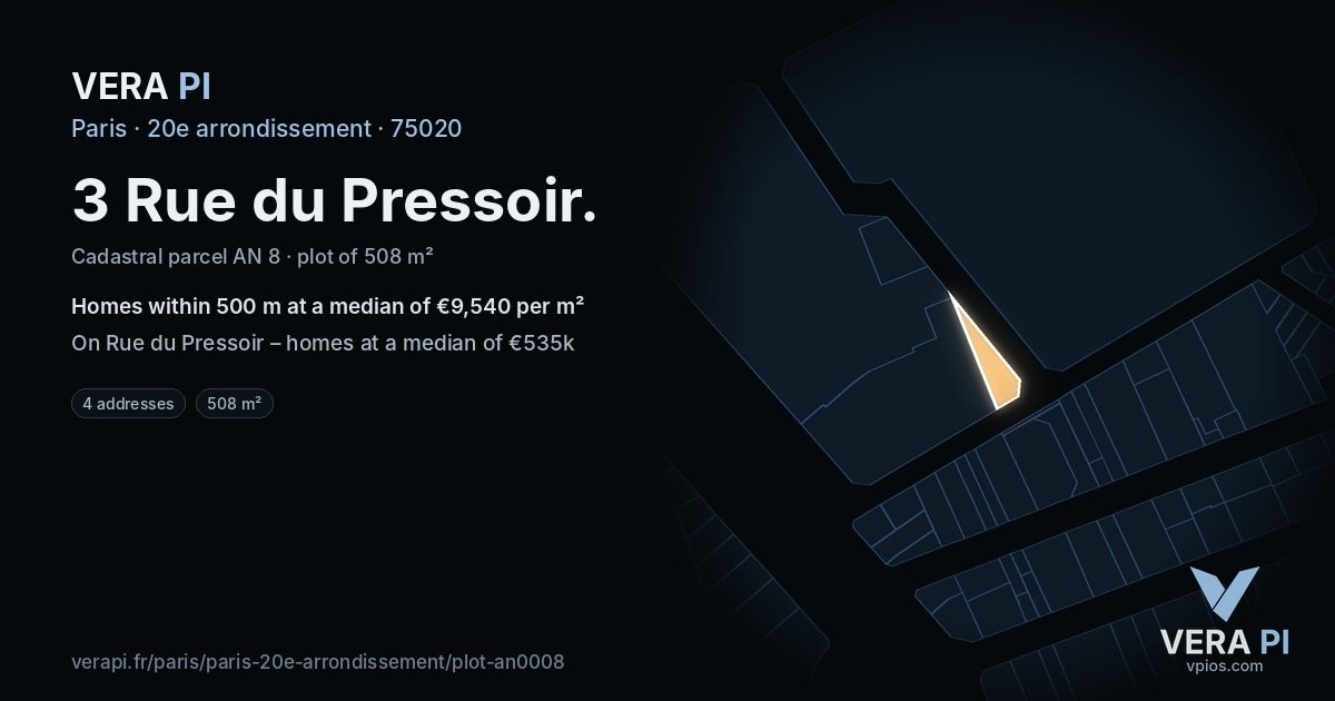 3 Rue du Pressoir, 20e arrondissement at night – the plot lit, the parcels around coloured by the prices near them