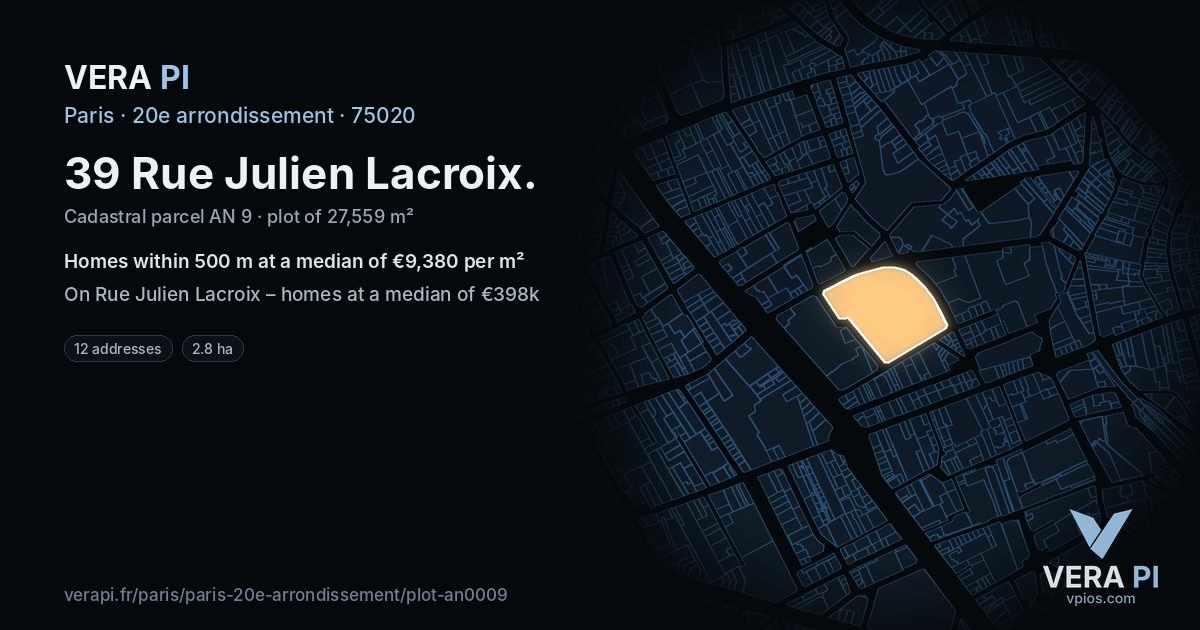 39 Rue Julien Lacroix, 20e arrondissement at night – the plot lit, the parcels around coloured by the prices near them