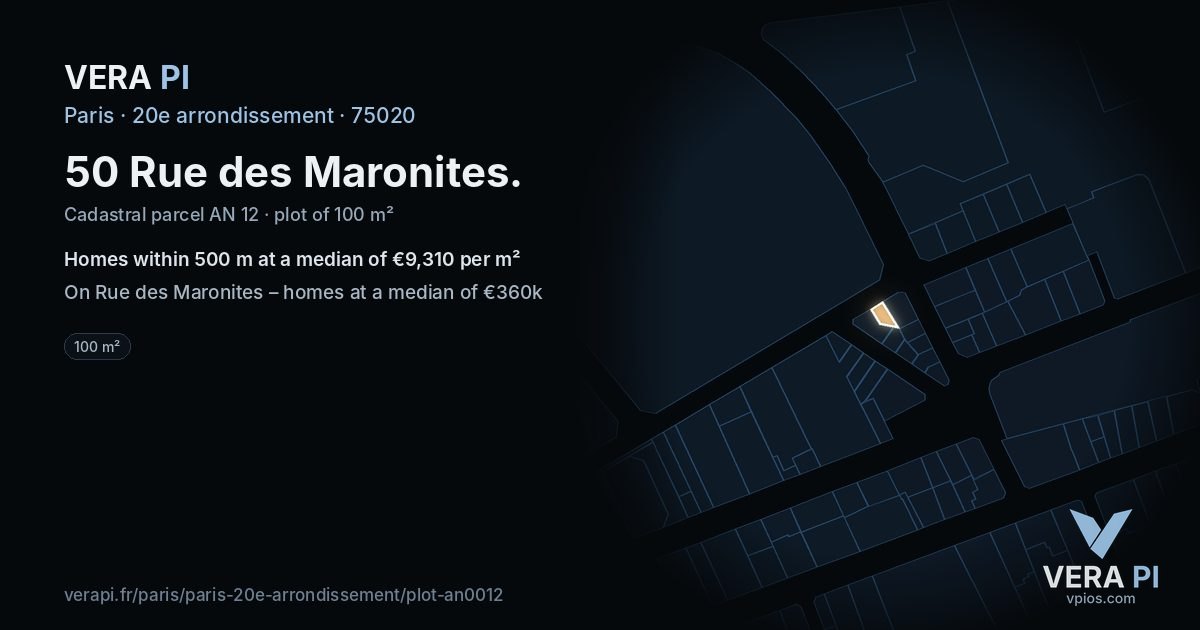 50 Rue des Maronites, 20e arrondissement at night – the plot lit, the parcels around coloured by the prices near them