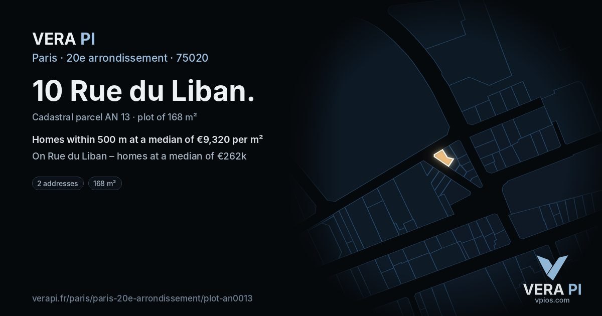 10 Rue du Liban, 20e arrondissement at night – the plot lit, the parcels around coloured by the prices near them
