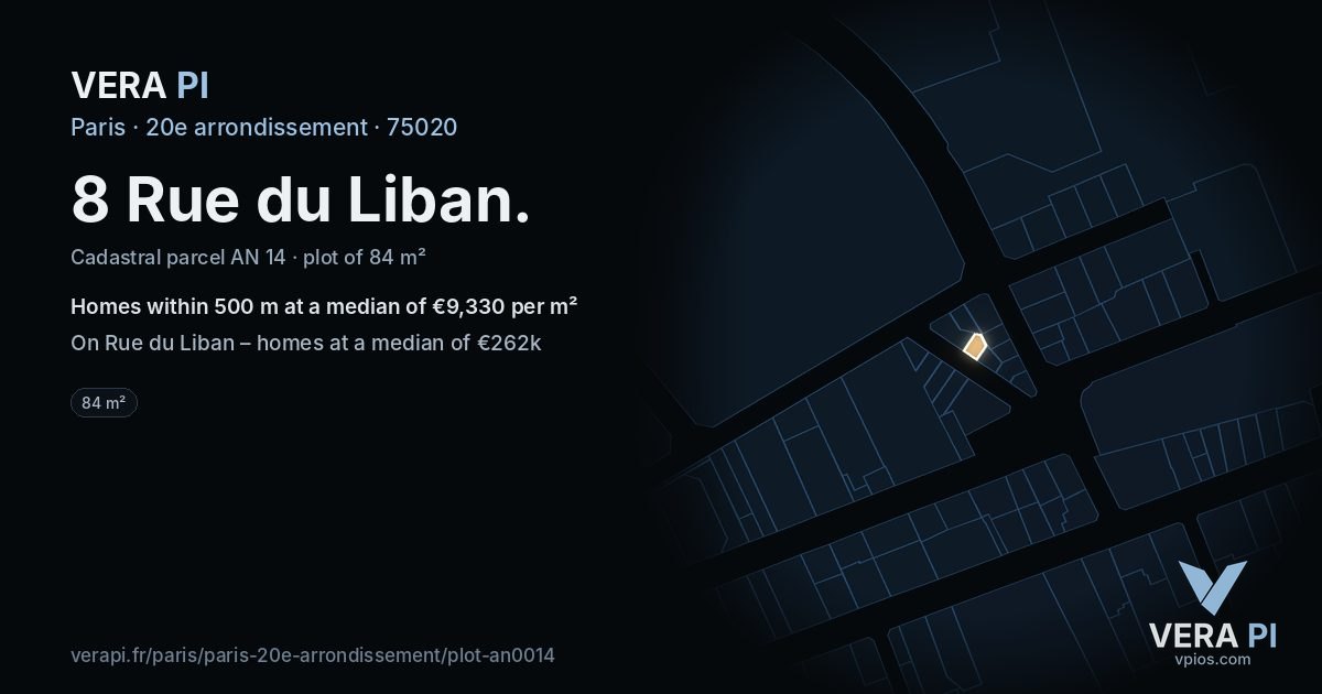 8 Rue du Liban, 20e arrondissement at night – the plot lit, the parcels around coloured by the prices near them