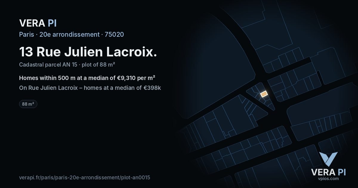 13 Rue Julien Lacroix, 20e arrondissement at night – the plot lit, the parcels around coloured by the prices near them