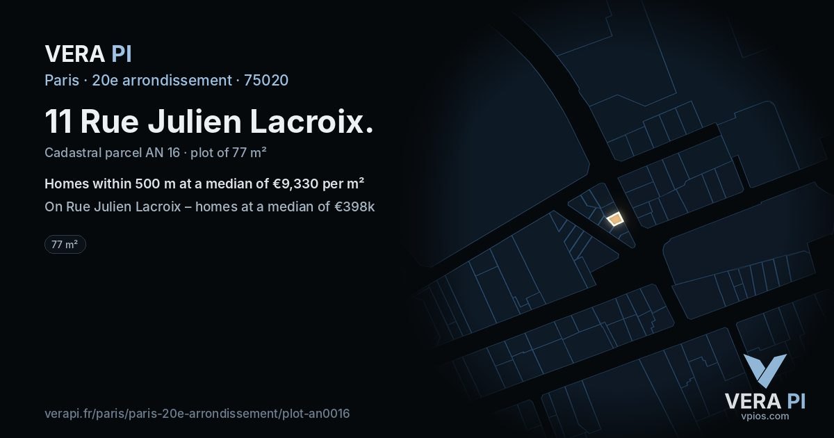 11 Rue Julien Lacroix, 20e arrondissement at night – the plot lit, the parcels around coloured by the prices near them