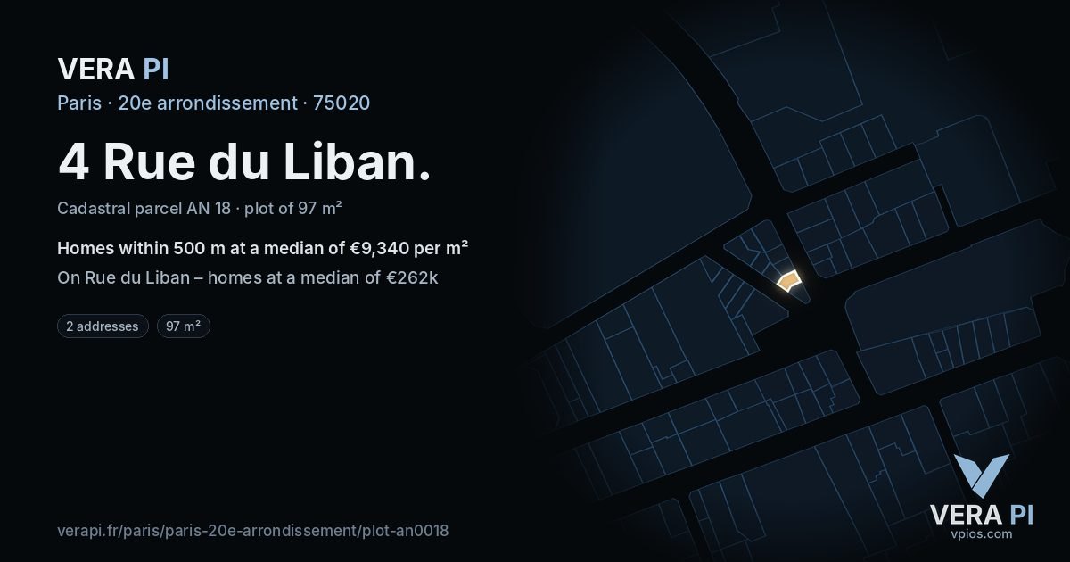 4 Rue du Liban, 20e arrondissement at night – the plot lit, the parcels around coloured by the prices near them