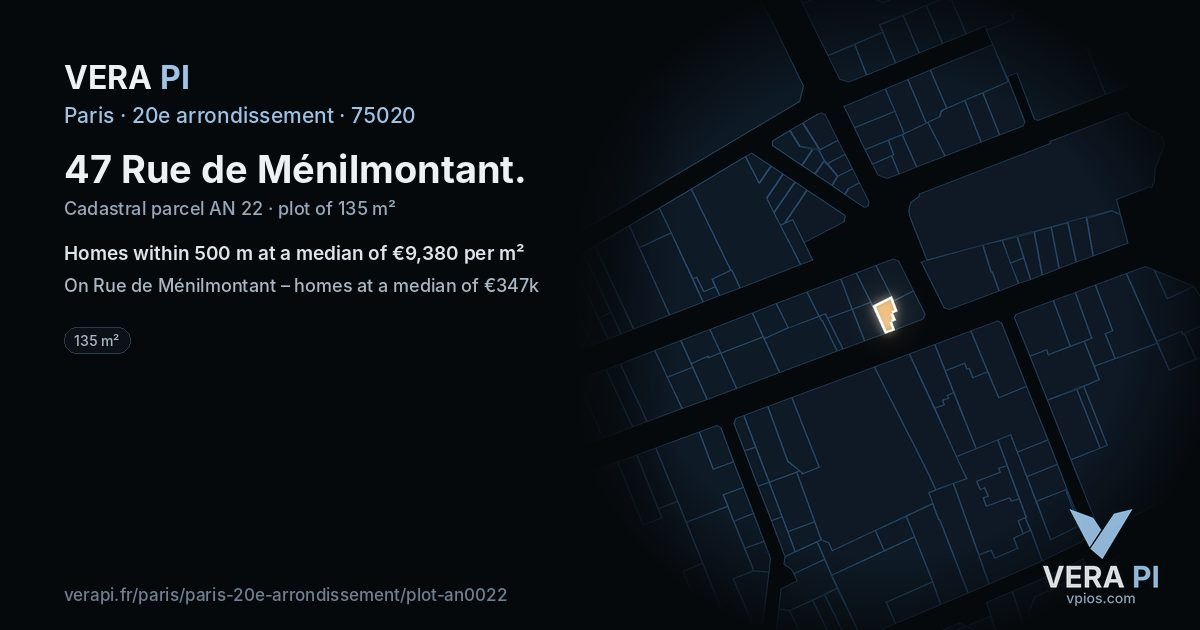 47 Rue de Ménilmontant, 20e arrondissement at night – the plot lit, the parcels around coloured by the prices near them