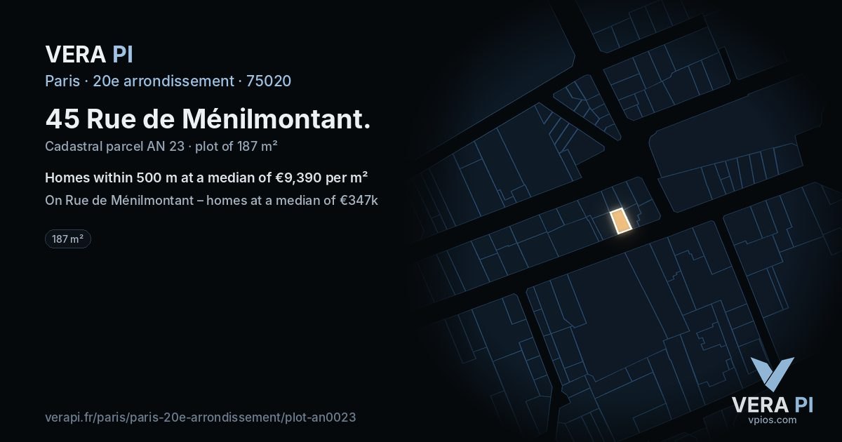 45 Rue de Ménilmontant, 20e arrondissement at night – the plot lit, the parcels around coloured by the prices near them