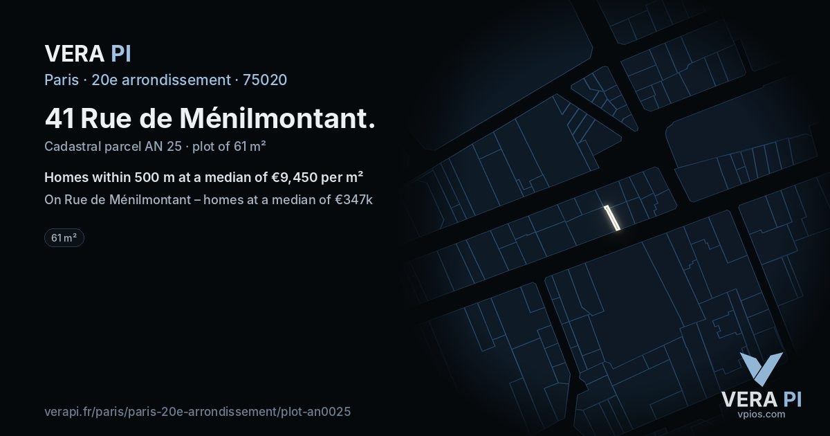 41 Rue de Ménilmontant, 20e arrondissement at night – the plot lit, the parcels around coloured by the prices near them