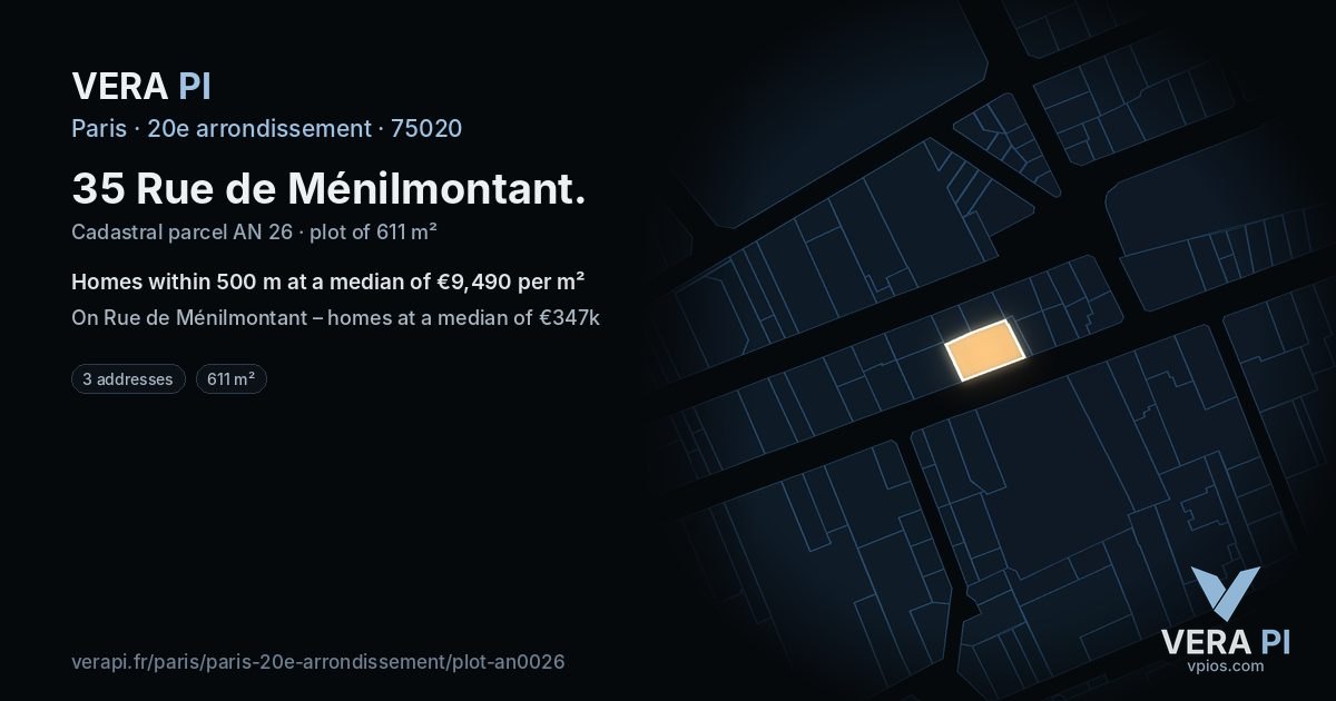 35 Rue de Ménilmontant, 20e arrondissement at night – the plot lit, the parcels around coloured by the prices near them