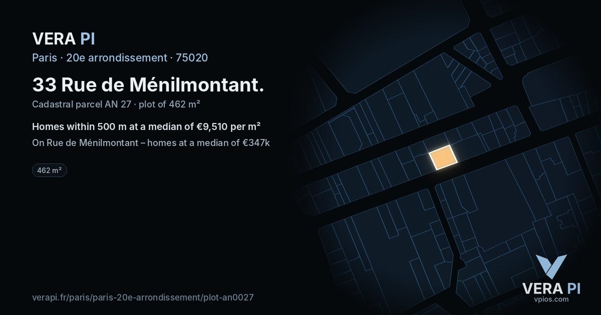 33 Rue de Ménilmontant, 20e arrondissement at night – the plot lit, the parcels around coloured by the prices near them
