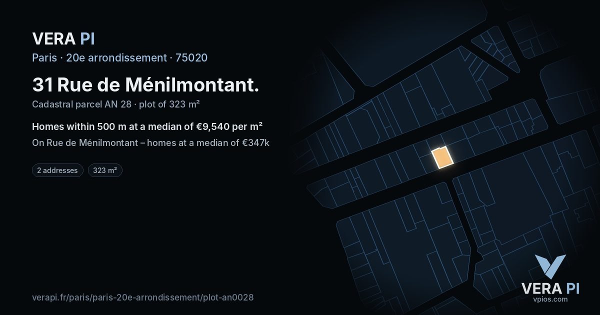 31 Rue de Ménilmontant, 20e arrondissement at night – the plot lit, the parcels around coloured by the prices near them