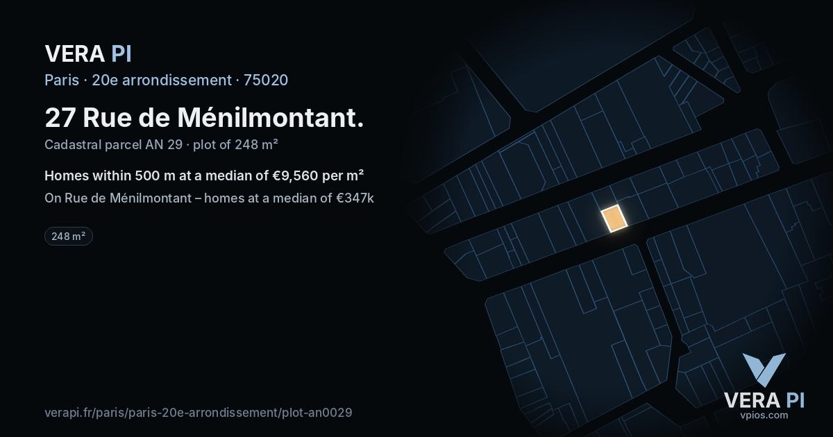 27 Rue de Ménilmontant, 20e arrondissement at night – the plot lit, the parcels around coloured by the prices near them