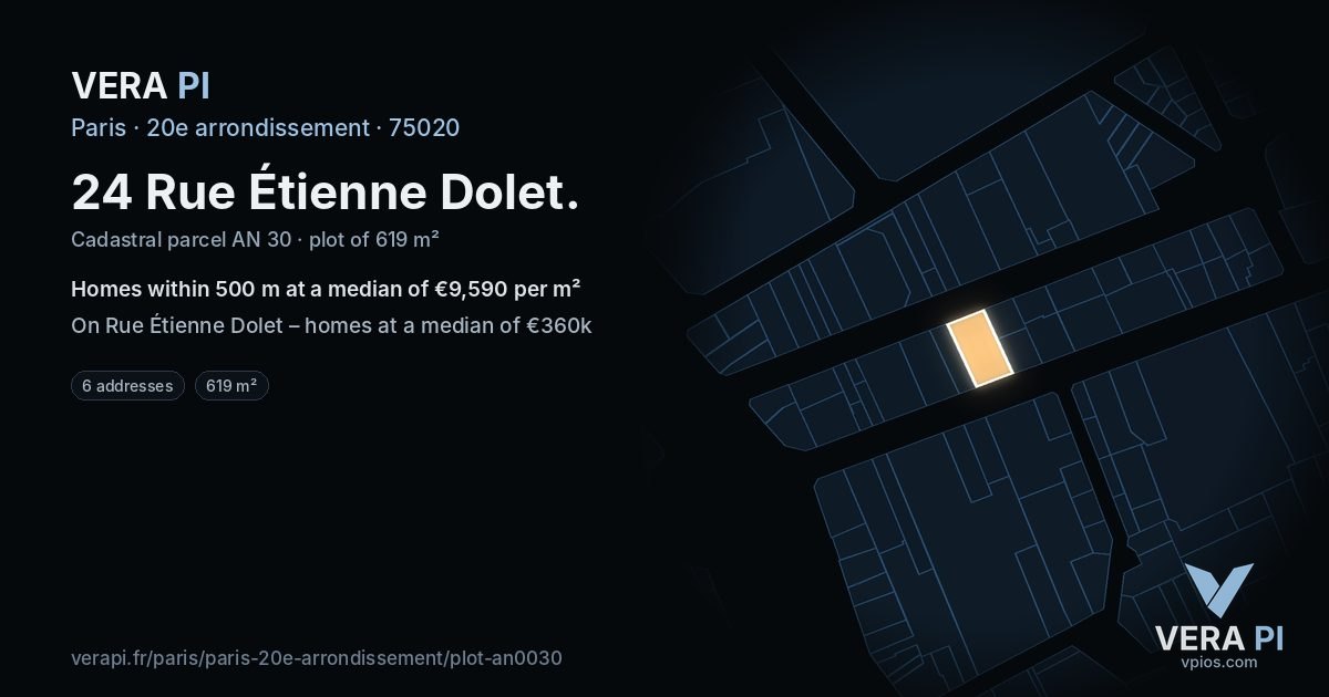 24 Rue Étienne Dolet, 20e arrondissement at night – the plot lit, the parcels around coloured by the prices near them