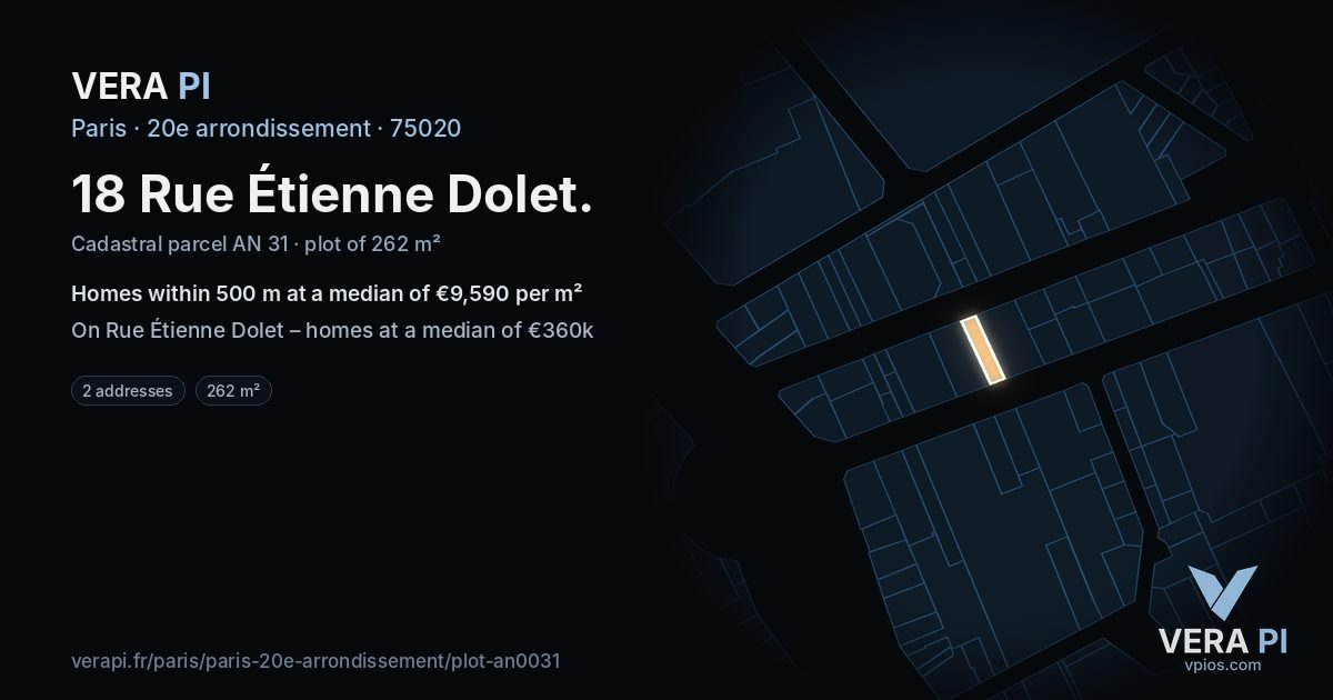 18 Rue Étienne Dolet, 20e arrondissement at night – the plot lit, the parcels around coloured by the prices near them