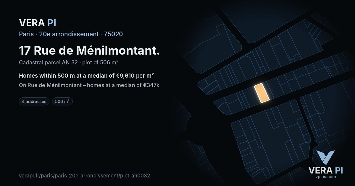 17 Rue de Ménilmontant, 20e arrondissement at night – the plot lit, the parcels around coloured by the prices near them