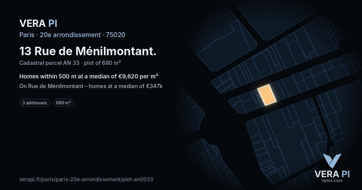 13 Rue de Ménilmontant, 20e arrondissement at night – the plot lit, the parcels around coloured by the prices near them