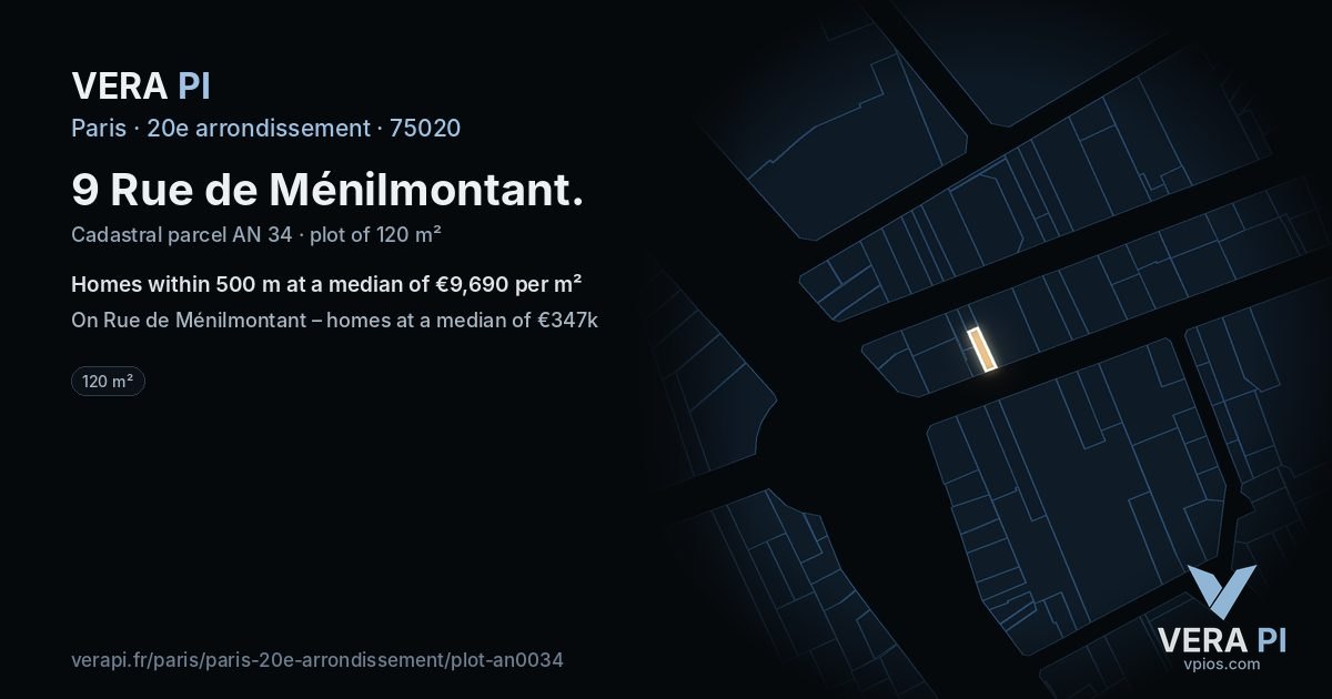 9 Rue de Ménilmontant, 20e arrondissement at night – the plot lit, the parcels around coloured by the prices near them
