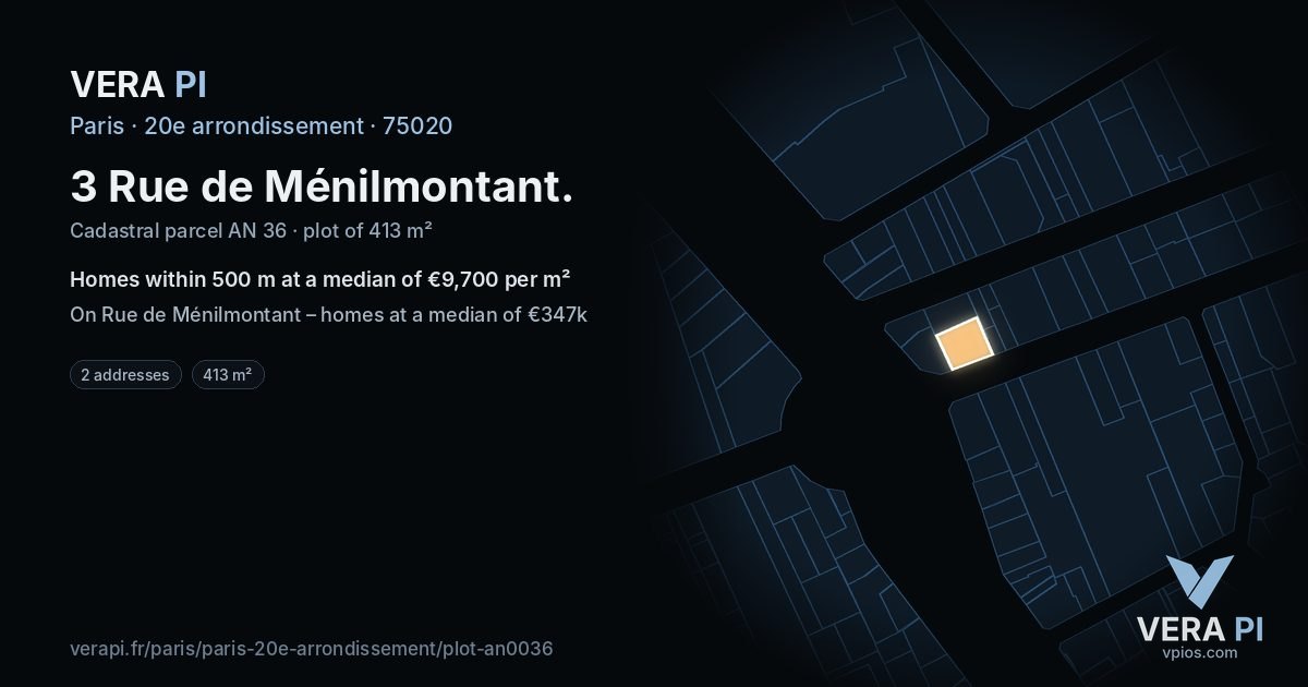 3 Rue de Ménilmontant, 20e arrondissement at night – the plot lit, the parcels around coloured by the prices near them