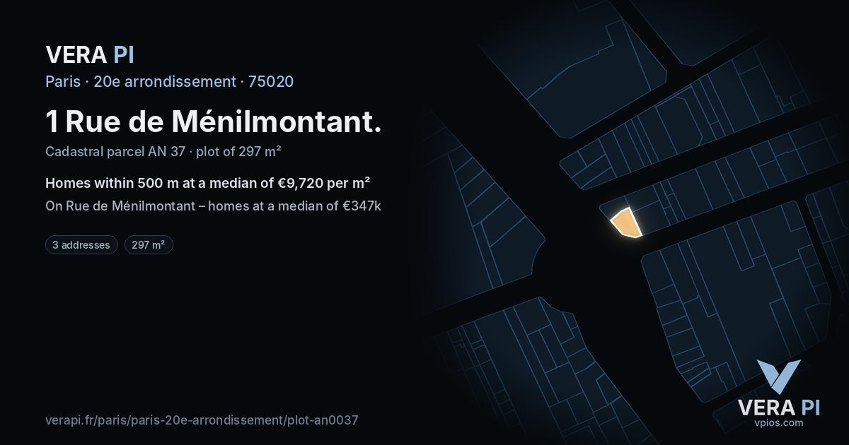 1 Rue de Ménilmontant, 20e arrondissement at night – the plot lit, the parcels around coloured by the prices near them
