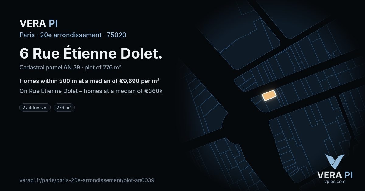 6 Rue Étienne Dolet, 20e arrondissement at night – the plot lit, the parcels around coloured by the prices near them