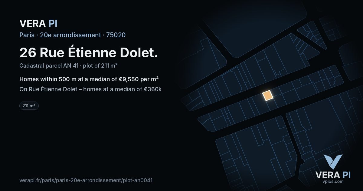 26 Rue Étienne Dolet, 20e arrondissement at night – the plot lit, the parcels around coloured by the prices near them