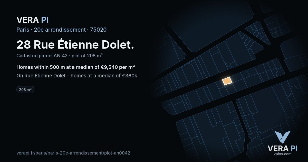 28 Rue Étienne Dolet, 20e arrondissement at night – the plot lit, the parcels around coloured by the prices near them