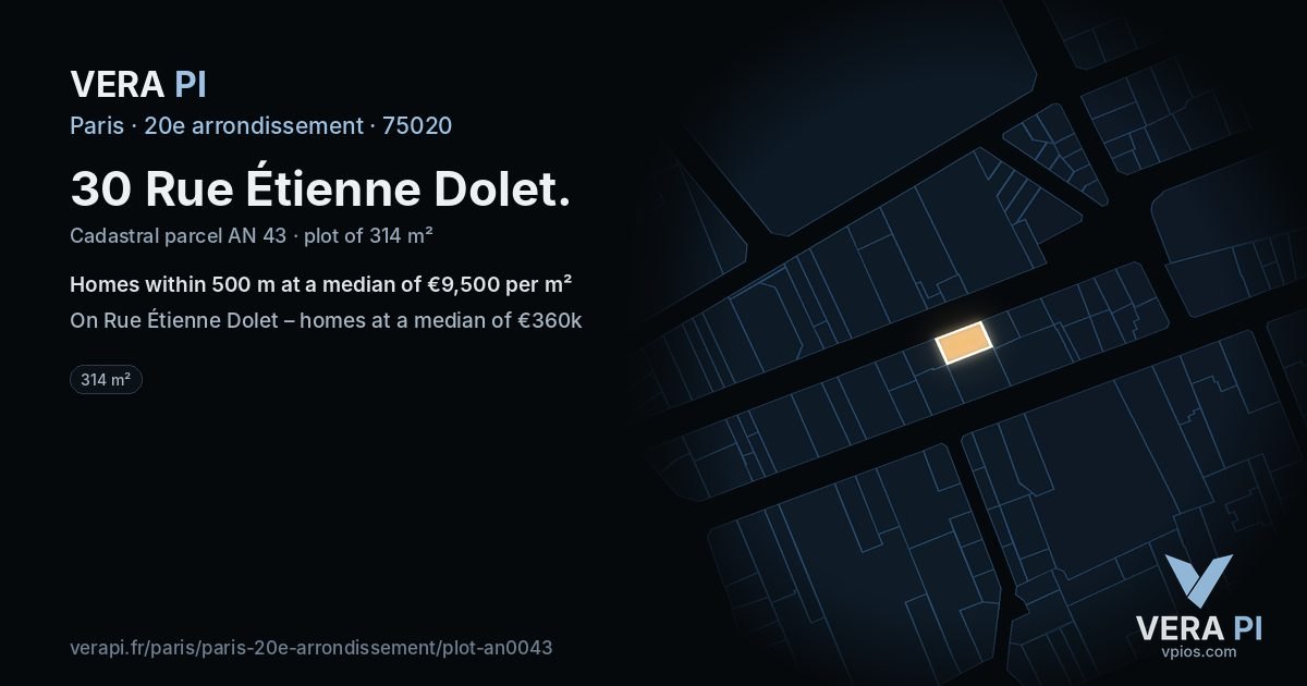30 Rue Étienne Dolet, 20e arrondissement at night – the plot lit, the parcels around coloured by the prices near them