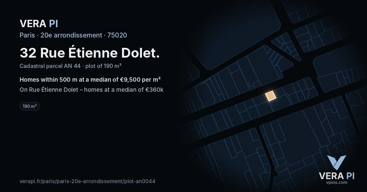 32 Rue Étienne Dolet, 20e arrondissement at night – the plot lit, the parcels around coloured by the prices near them
