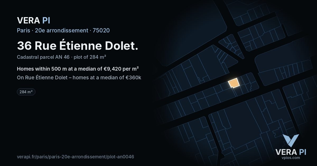 36 Rue Étienne Dolet, 20e arrondissement at night – the plot lit, the parcels around coloured by the prices near them