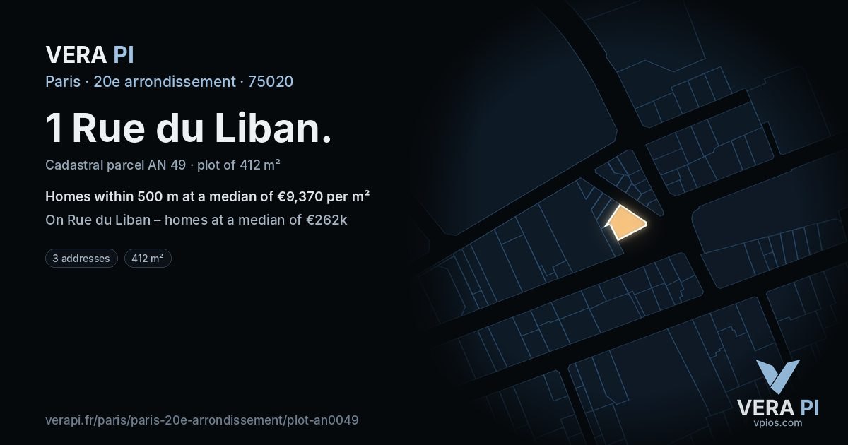 1 Rue du Liban, 20e arrondissement at night – the plot lit, the parcels around coloured by the prices near them