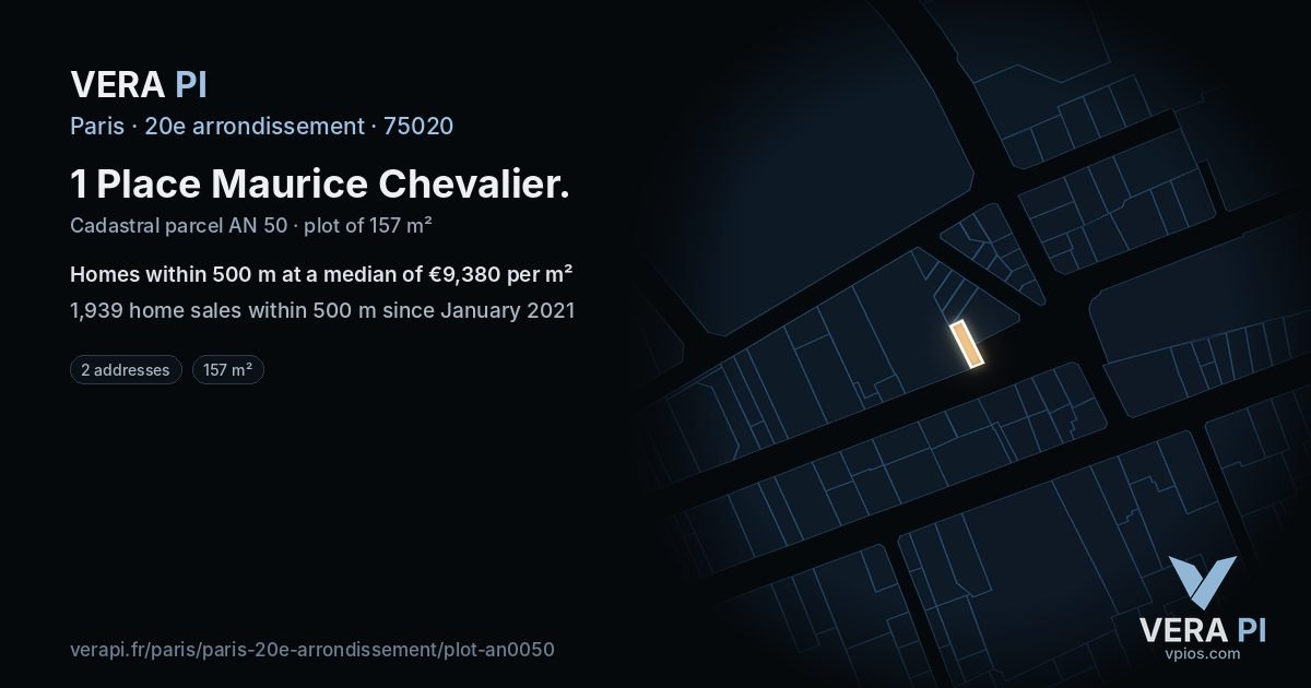 1 Place Maurice Chevalier, 20e arrondissement at night – the plot lit, the parcels around coloured by the prices near them