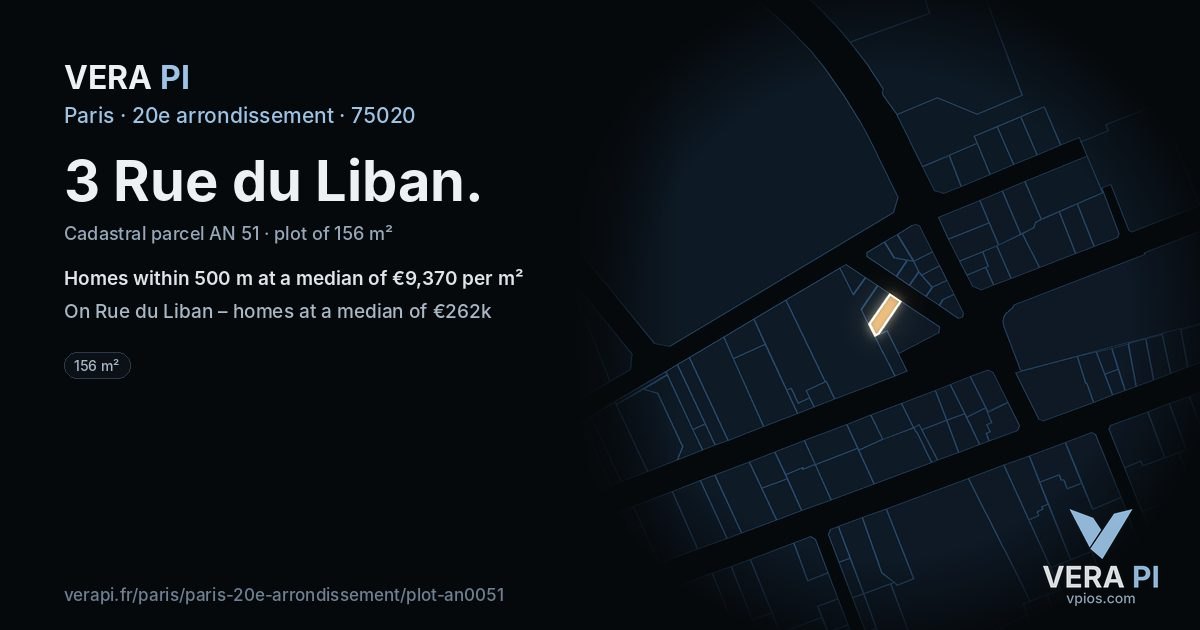 3 Rue du Liban, 20e arrondissement at night – the plot lit, the parcels around coloured by the prices near them