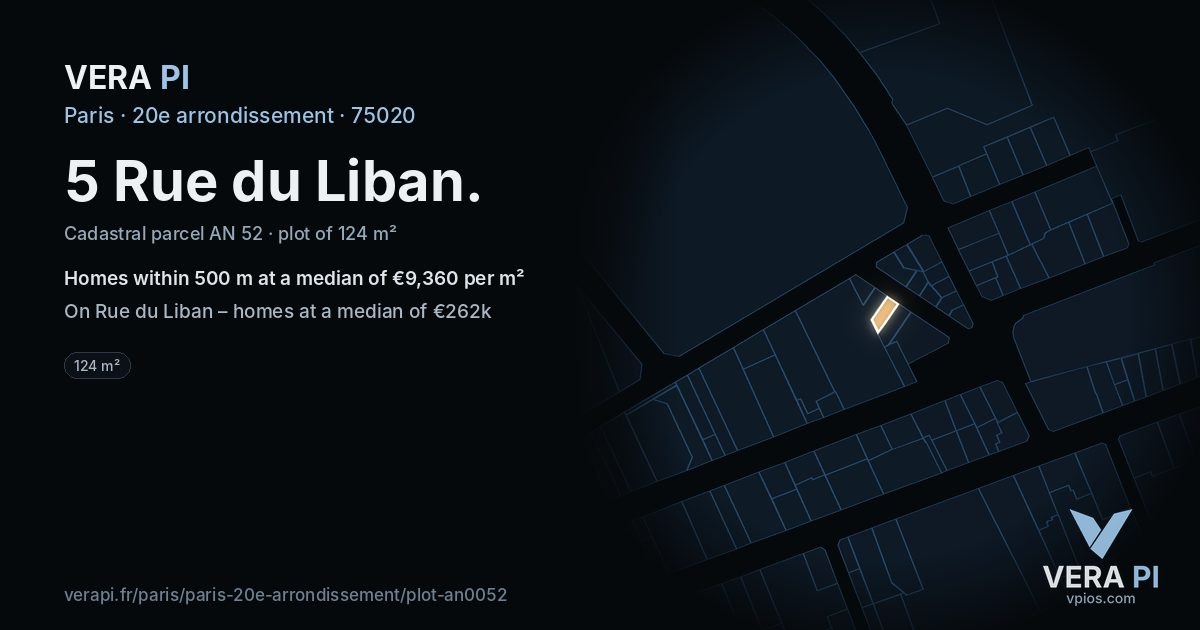 5 Rue du Liban, 20e arrondissement at night – the plot lit, the parcels around coloured by the prices near them